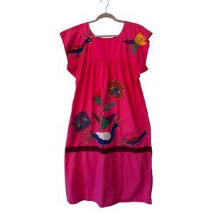 Handmade Mexican Pink Embroidered Dress With Peacock & Floral Design Pockets